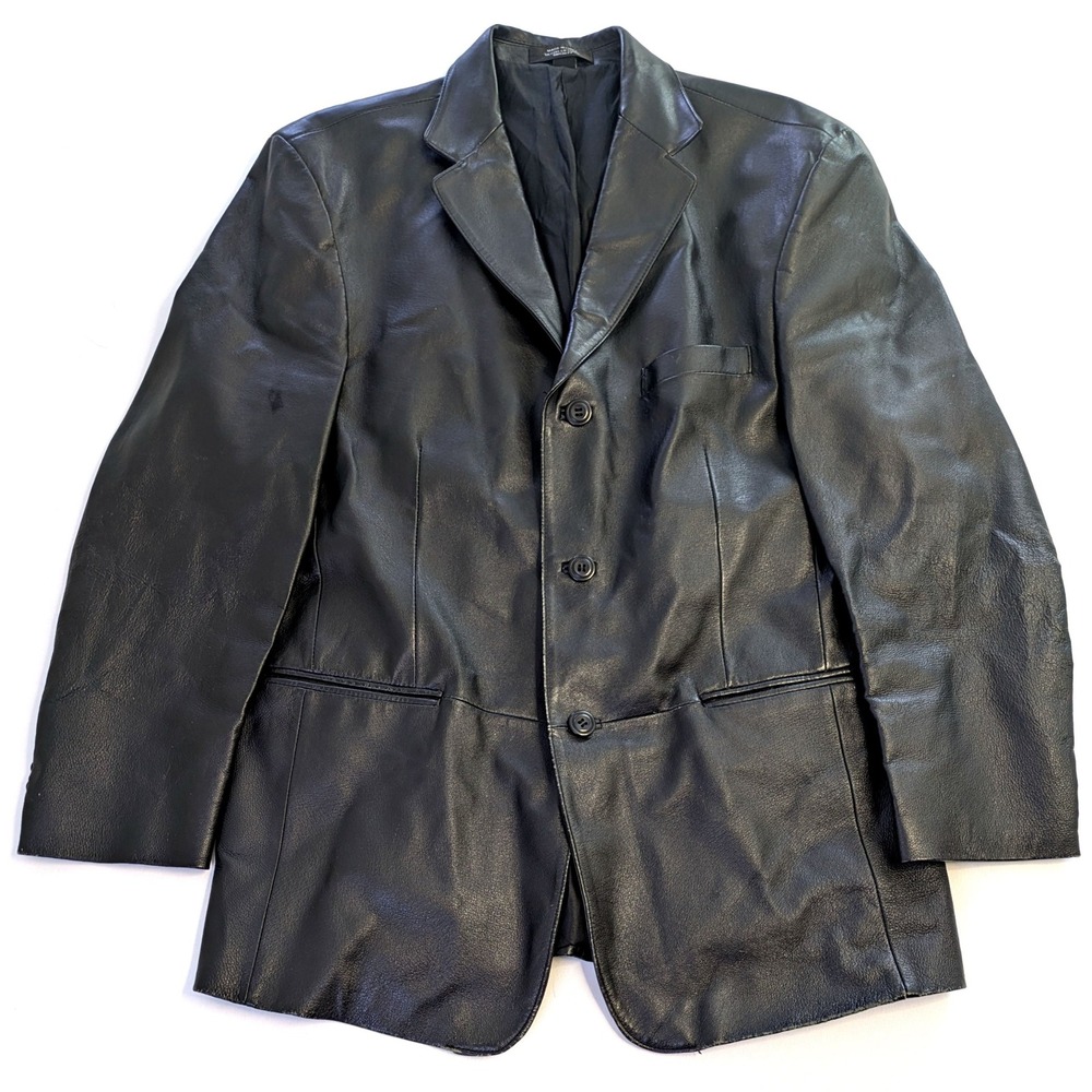 Stafford Mens Black Genuine Leather 3 Button Blazer Jacket Size M RN 93677